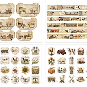 May include: A collection of vintage-style paper ephemera featuring a farmhouse theme. Includes decorative pockets, patterned washi tape, and various stickers with farm animals, crops, and tools. The color palette is primarily beige, brown, and green.