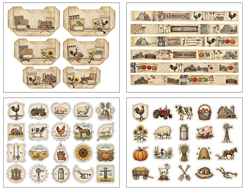 May include: A collection of vintage-style paper ephemera featuring a farmhouse theme. Includes decorative pockets, patterned washi tape, and various stickers with farm animals, crops, and tools. The color palette is primarily beige, brown, and green.