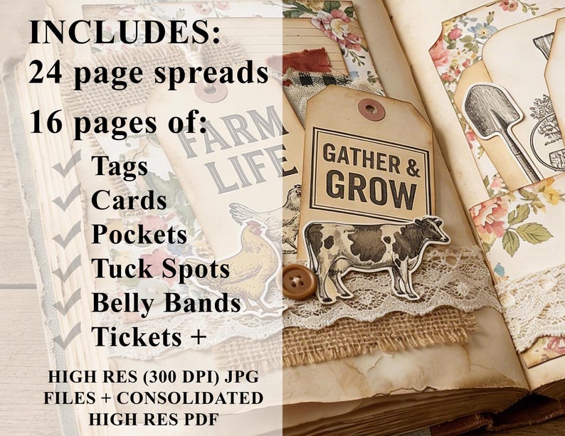 May include: Open journal with decorative tags and paper elements. The tags feature the phrases "Farm Life" and "Gather & Grow" with illustrations of a cow and a chicken. The text includes "Includes: 24 page spreads, 16 pages of: Tags, Cards, Pockets, Tuck Spots, Belly Bands, Tickets +"