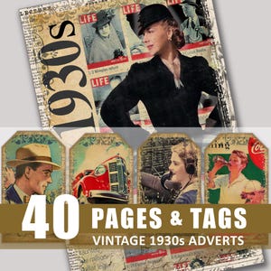 Junk-Journal Seiten Tags 1930er Jahre 30er Jahre Werbung Anzeigen im Alter von digitaler Download Ephemera druckbare Scrapbook Bundle Kit Verschönerung Grunge alt