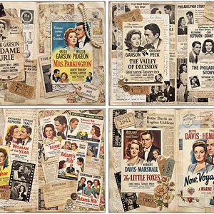 May include: A vintage collage featuring classic film posters, including "Madame Curie" and "The Philadelphia Story." The posters, with actors like Greer Garson and Bette Davis, are accompanied by ticket stubs and newspaper cuttings, evoking a nostalgic feel.
