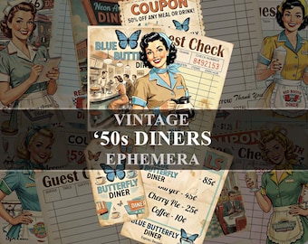 May include: Vintage ephemera featuring illustrations of 1950s diners. The collection includes retro diner scenes, waitresses, menus, and check designs. The color palette is dominated by beige, blue, and red, with text such as "Blue Butterfly Diner" and "Coupon".