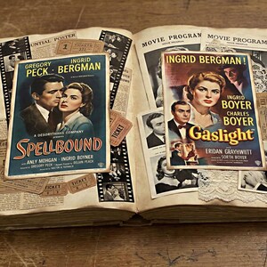 May include: A vintage scrapbook open to display two movie posters, "Spellbound" and "Gaslight", starring Ingrid Bergman. The pages are adorned with film strips, ticket stubs, and monochrome photographs, evoking a sense of nostalgia.