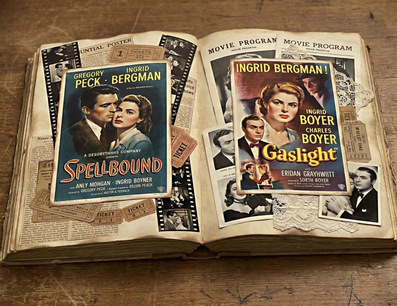 May include: A vintage scrapbook open to display two movie posters, "Spellbound" and "Gaslight", starring Ingrid Bergman. The pages are adorned with film strips, ticket stubs, and monochrome photographs, evoking a sense of nostalgia.