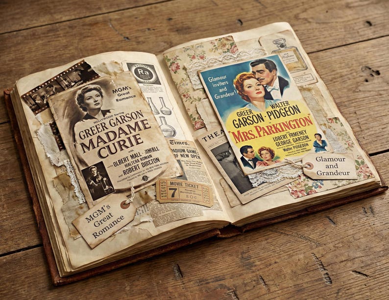 May include: A vintage scrapbook open to display film posters for "Madame Curie" and "Mrs. Parkington." The pages are aged with torn paper and tags reading "MGM's Great Romance" and "Glamour and Grandeur." The background is a wooden surface.