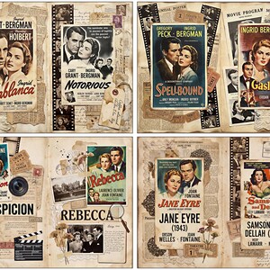 May include: A collection of vintage film posters, such as "Casablanca," "Notorious," "Spellbound," and "Gaslight," arranged on a collage. The posters feature classic actors and are set against aged paper, film strips, and other vintage items.