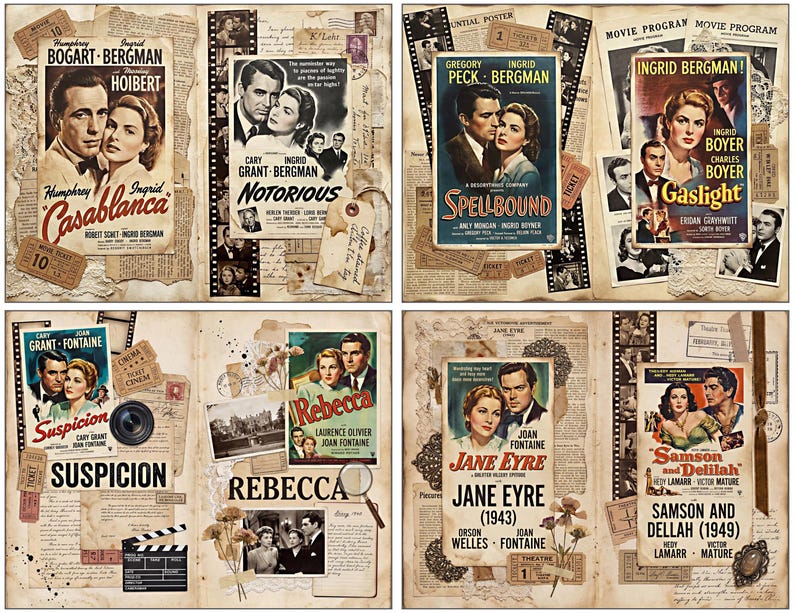 May include: A collection of vintage film posters, such as "Casablanca," "Notorious," "Spellbound," and "Gaslight," arranged on a collage. The posters feature classic actors and are set against aged paper, film strips, and other vintage items.