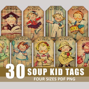 Junk-Journal Tags Suppe Kinder Essen Werbung Grunge Alter Digitaler Download Ephemera druckbare Scrapbook Verzierung Bundle Kit Dateien Anzeigen