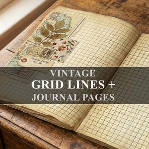 Op de afbeelding: Een open vintage journal met rasterlijnen en verouderde pagina's. De linkerpagina bevat een collage van vintage ephemera, waaronder een kaart, postzegels en gedroogde bladeren. De tekst op de afbeelding luidt "VINTAGE GRID LINES + JOURNAL PAGES."