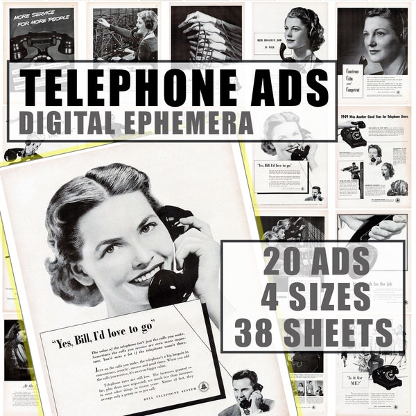 Digital Ephemera Vintage Phone Telephone Ads 20 Advertisements Download Printable PDF Sheets Prints Journals Collage Scrapbook plus JPG
