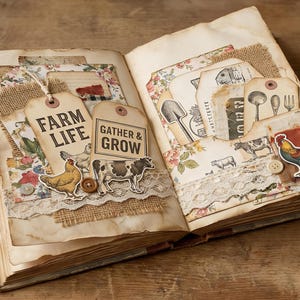 May include: Open book with vintage-style farm-themed scrapbook pages. Features tags with "Farm Life" and "Gather & Grow" text, along with illustrations of a chicken, cow, and rooster. Floral and burlap accents add to the rustic aesthetic.