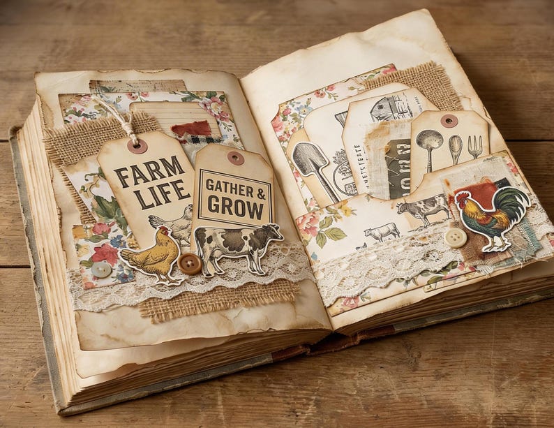 May include: Open book with vintage-style farm-themed scrapbook pages. Features tags with "Farm Life" and "Gather & Grow" text, along with illustrations of a chicken, cow, and rooster. Floral and burlap accents add to the rustic aesthetic.