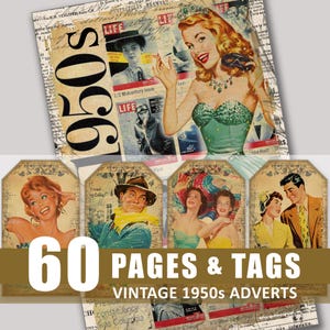 Junk-Journal Seiten Tags 1950er 50er Jahre Werbung Anzeigen im Alter von digitaler Download Ephemera druckbare Scrapbook Bundle Kit Verschönerung Grunge alt