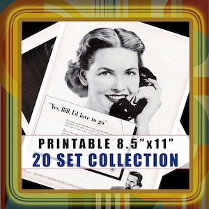 Telephone Phone Printable Wall Art Vintage Advertisements Download PDF Sheets Prints Collage Journals Bar Kitchen Room Collection Set Bundle
