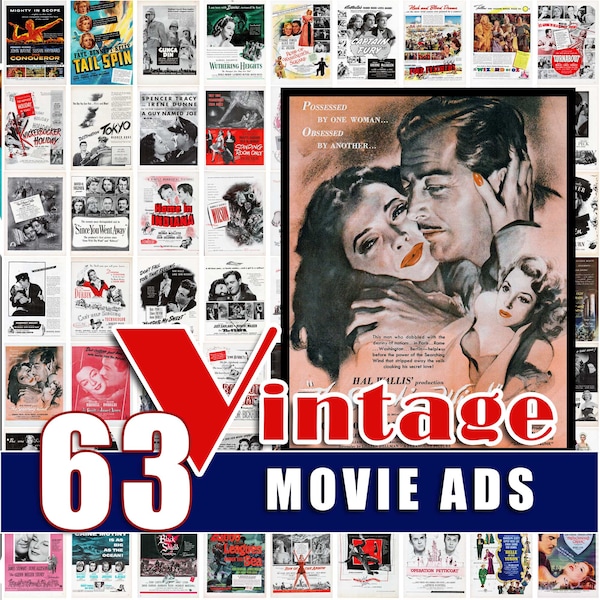 Vintage Movie Advertisements Decor Ads Digital Download Printable Wall Art JPG Bundle 30s 40s 50s 60s Home Theatre Hollywood Stars Retro