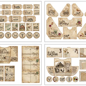 May include: A collection of vintage-style paper ephemera with a farmhouse theme. Includes tickets, stamps, tags, postcards, and decorative elements featuring farm animals, barns, and agricultural tools. The color palette is primarily sepia and cream.