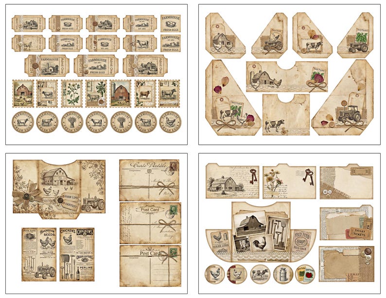 May include: A collection of vintage-style paper ephemera with a farmhouse theme. Includes tickets, stamps, tags, postcards, and decorative elements featuring farm animals, barns, and agricultural tools. The color palette is primarily sepia and cream.