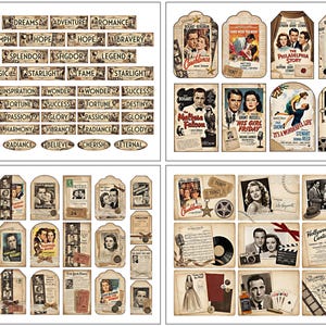 May include: A selection of vintage paper ephemera, including tags and cards. The tags feature classic film posters and actors, while the cards display words such as "Dreams" and "Romance". The color scheme is sepia and cream.