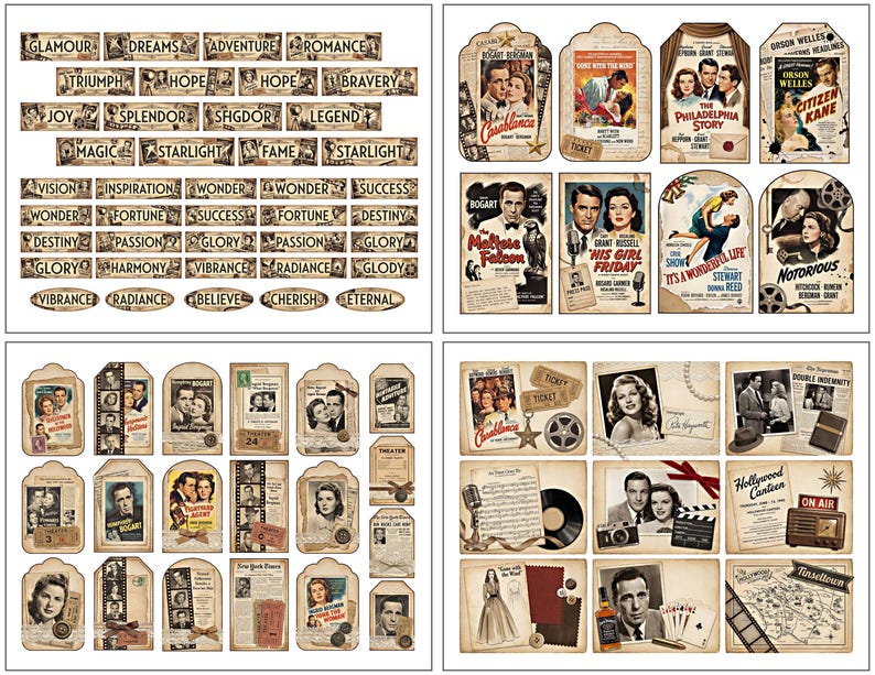 May include: A selection of vintage paper ephemera, including tags and cards. The tags feature classic film posters and actors, while the cards display words such as "Dreams" and "Romance". The color scheme is sepia and cream.