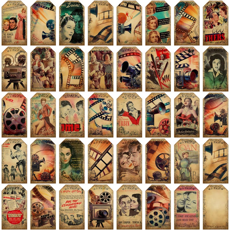 Junk Journal Pages Tags Movies Hollywood Advertising Grunge Aged Digital Download Ephemera Printable Scrapbook Bundle Kit Embellishment Ads