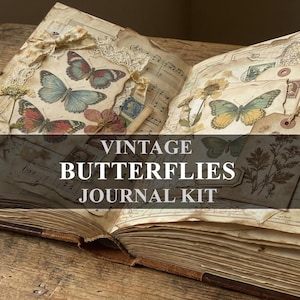 May include: Open vintage journal with butterfly illustrations and the text "VINTAGE BUTTERFLIES JOURNAL KIT." The journal pages feature butterflies, dried flowers, and musical notes. The cover is brown with a leather-like texture.