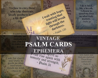 May include: Vintage Psalm cards with inspirational quotes and floral accents. The cards feature various verses from Psalms, with a soft, aged aesthetic. The image includes the text "Vintage Psalm Cards Ephemera".