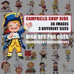 Arquivos PNG Anúncios de comida vintage Anúncios infantis de sopa Campbells para download Folhas PDF JPG para impressão Coleção de diários de colagem