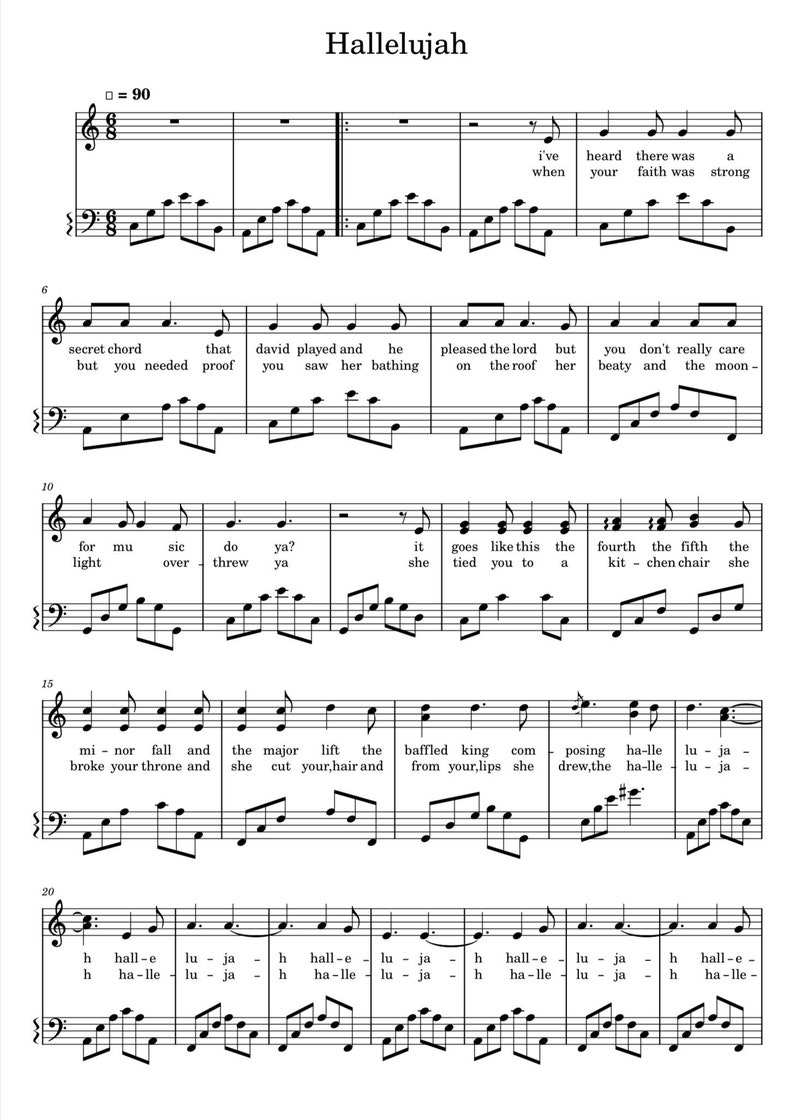 Hallelujah piano Sheet Music PDF Etsy
