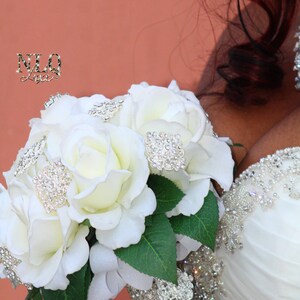 Small Real Touch Rhinestone Crystal Bling Brooch White Bridal Bouquet- Destination Wedding Flowers FREE Toss bouquet