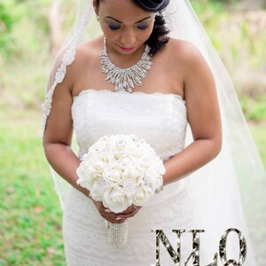 Diamonds and Pearls Real Touch Rhinestone Crystal Bling Brooch White Bridal Bouquet- Destination Wedding Flowers with FREE Toss bouquet
