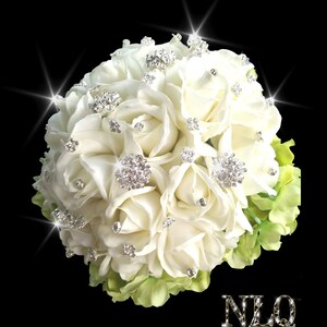 Rhinestone Real to the Touch Flowers White Bling Bridal Bouquet with Crystal &quot;Pure Diamond&quot; Holder  FREE Toss bouquet