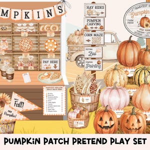 May include: A watercolour illustration of a pumpkin patch play set. Features pumpkins, signs for hay rides, corn maze, and petting zoo. Includes a scale, pies, and a banner that says "Pumpkins".