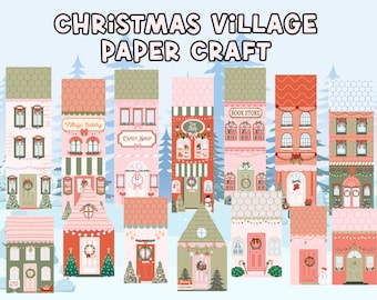 May include: A collection of colorful paper craft Christmas village houses. The houses have various designs, including a bakery, candy shop, and bookstore. The image includes the text "CHRISTMAS VILLAGE PAPER CRAFT".