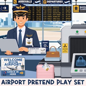 May include: An airport pretend play set featuring a pilot figure at a check-in counter with a laptop, passport, and boarding pass. Includes an X-ray scanner with a monitor displaying luggage, a pink suitcase, a brown handbag, and airport signage.