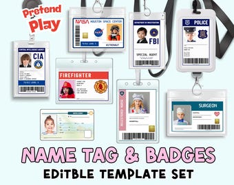 Kids Pretend Play ID Card Set: Editable Job Badges (Digital Download)