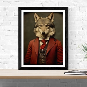 Lobo con traje vintage, Wolfpack, arte animal, arte de equipo, decoración deportiva, estado de Carolina del Norte, Carolina del Norte, fútbol, baloncesto, impresión de mascota, decoración de fanáticos