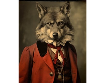 Wolf in vintage suit, Animal Art, Sports Art, Fan Art, Sports Decor, Home Decor, Zoo, North, Carolina, State, Wolfpack, Red