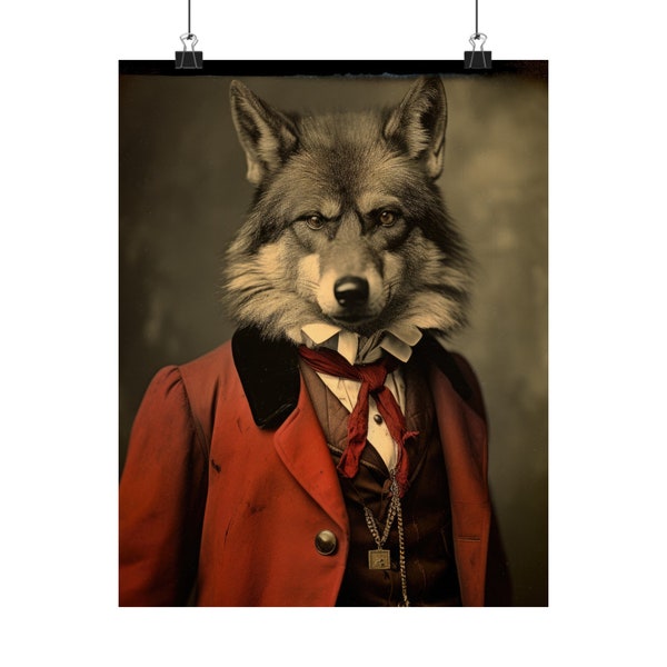 Wolf in vintage suit, Animal Art, Sports Art, Fan Art, Sports Decor, Home Decor, Zoo, North, Carolina, State, Wolfpack, Red