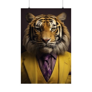 Tiger in suit, Animal Art, Sports Art, LSU, Home Decor, Fan Art, Sports Decor, Football, SEC, Louisiana, Tigers, yellow, purple