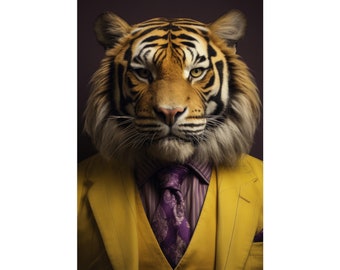 Tiger in suit, Animal Art, Sports Art, LSU, Home Decor, Fan Art, Sports Decor, Football, SEC, Louisiana, Tigers, yellow, purple