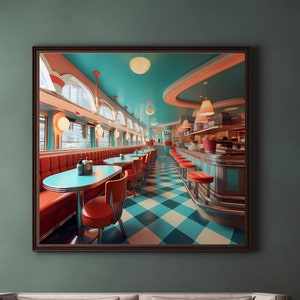 1950s American Diner in Blue Poster | Candy Diner Print | Retro Prints