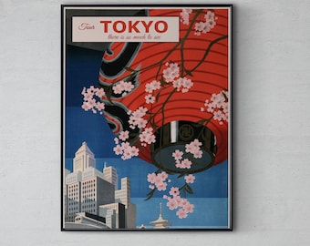 Retro Tokyo Travel Poster: Cherry Blossom Asian Art Print