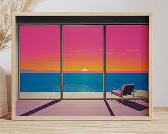 Lugn strandsolnedgång | Minimalistisk designposter inspirerad av Hiroshi Nagai