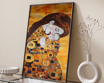 May include: A framed painting of a mother and child embracing. The painting is in a modern style with a gold background and geometric shapes. The mother has long brown hair and is wearing a white dress. The child is wearing a white dress and has closed eyes.