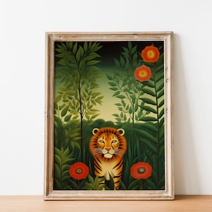 Lion Garden - Henri Rousseau style poster | Tropical Jungle Poster, rousseau forest art