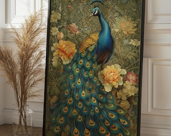 Impressão artística de pavão inspirada em William Morris – Decoração de parede vintage em estilo Art Nouveau (Download digital)
