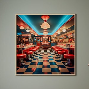 1950s neon American Diner with Checkers Floor Poster | Retro Prints, printable | Photography | Kunstruck Prints