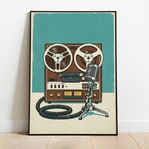 May include: A vintage-style print featuring a brown reel-to-reel tape recorder and a silver microphone on a stand. The artwork has a retro aesthetic with a teal background and a cream-colored base. The microphone is connected to the recorder with a black cord.