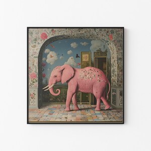 affiche rose d'éléphant | Impression abstraite surréaliste | Éléphant coloré