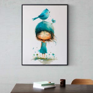 Fille avec un oiseau et une fleur sur la tête Poster de Zazzle.be Liste d'envies Vous avez des idées ? Affiche mignonne d'enfants | Conception d'affiche imprimable | Impressions pour chambre d'enfant